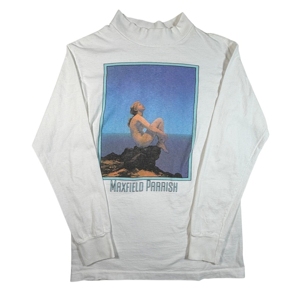Vintage Maxfield Parrish Art Graphic Mock Neck Long Sleeve T-Shirt White Medium